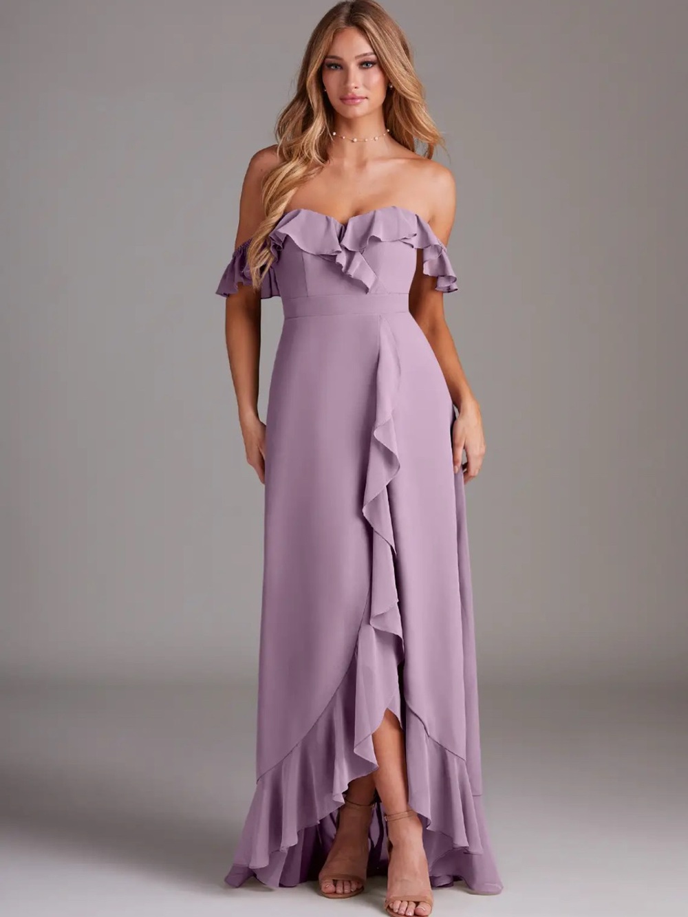 Azazie Off-Shoulder Ruffle Maxi Dress in Lilac